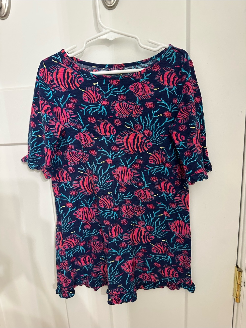 Lilly Pulitzer Navy Pink Teal Fish-Print Ruffle Sleeve Dress
